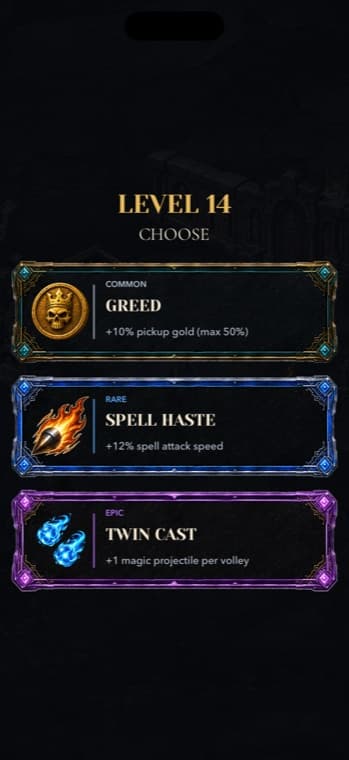 Level-up choices in Dungeon Rift